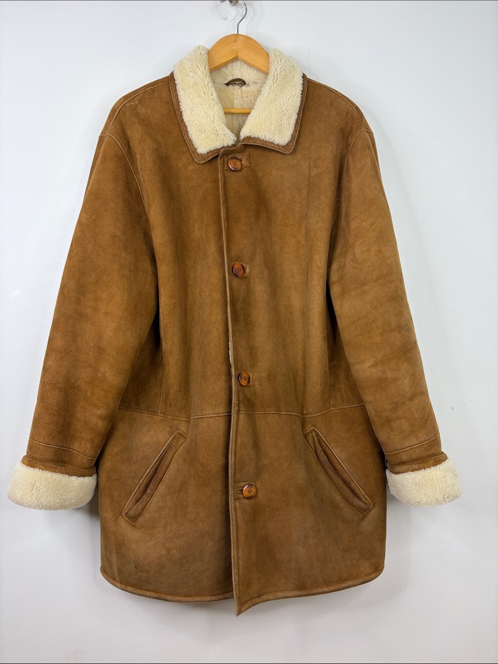 Danier Shearling Coat Mens Medium Brown Cream Sheepskin Leather Rancher Western